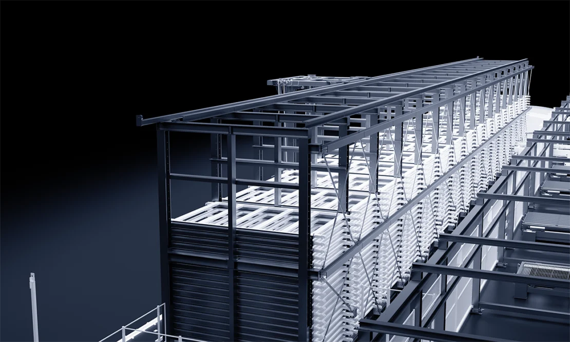 Storage capacity The number of storage towers and shelves is determined by the required stock volume, material mix, and production demand.