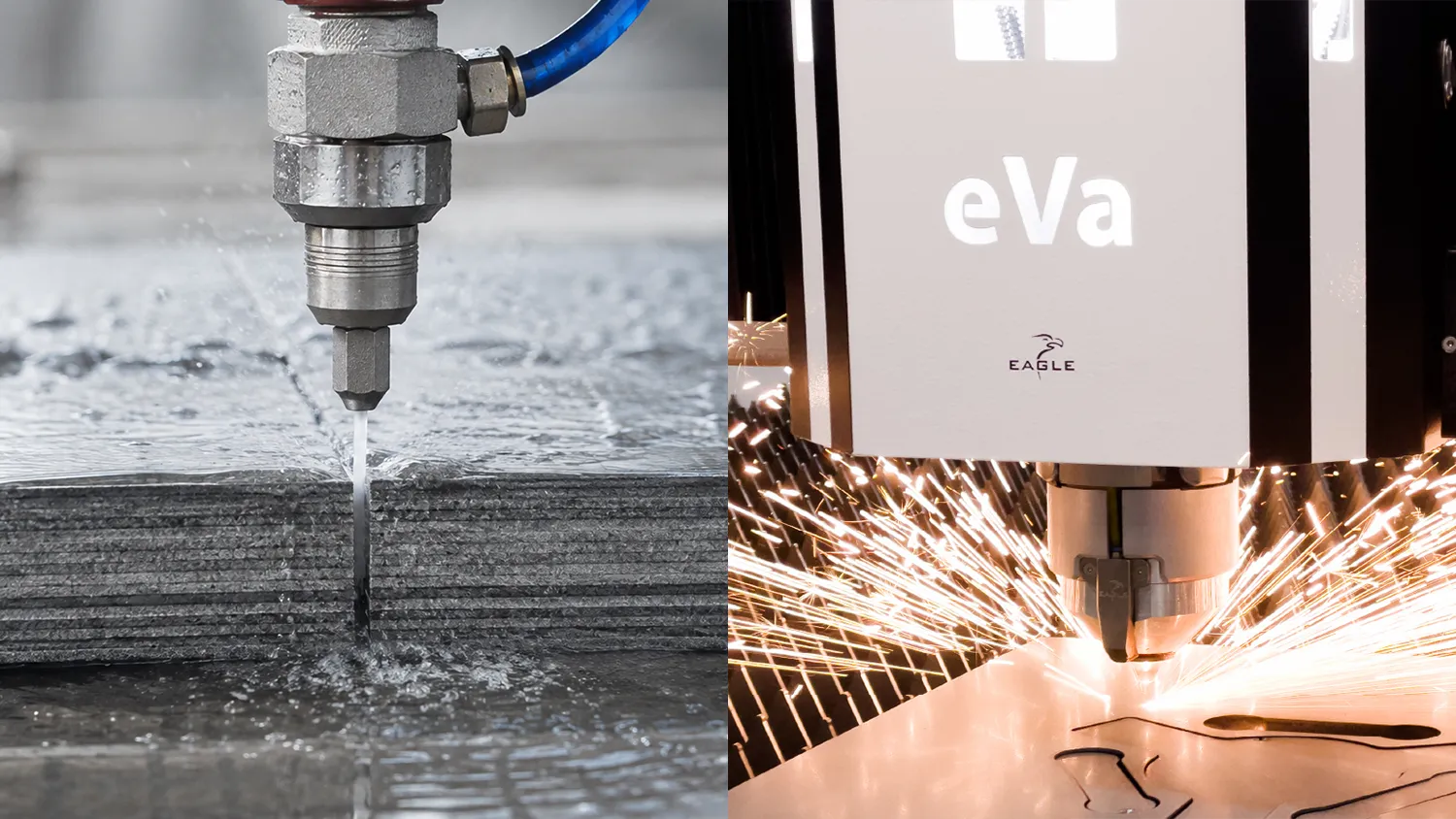 Side-by-side comparison of waterjet cutting and Eagle fiber laser cutting metal